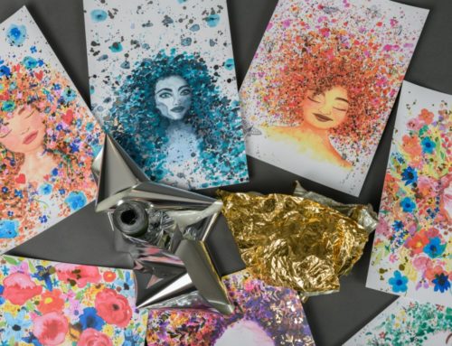 Affiche illustratrice aquarelle avec dorure numérique or brillant paillettes