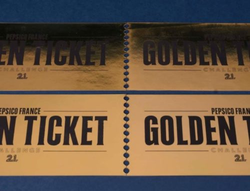 Coupon imitation Golden ticket en dorure à chaud or numérique et découpe laser