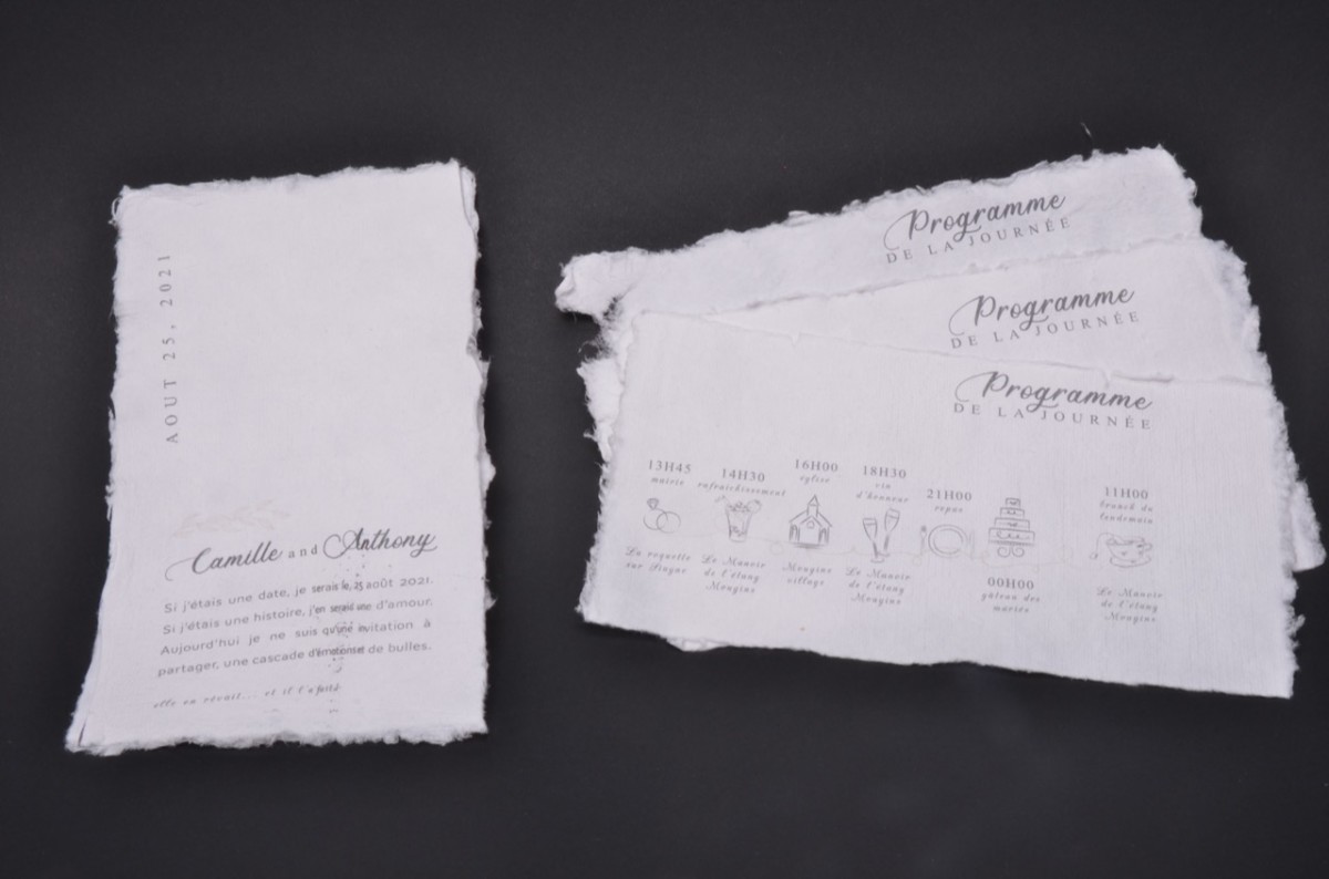 Faire-part de mariage sur papier coton recyclé fait main avec 4 bords  frangés – Imprimerie ICB