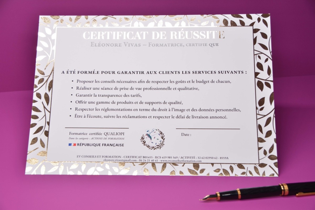 Certificat de réussite formation – Dorure Numérique OR brillant