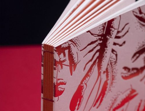 Couverture de livre upcyclée en marquage à chaud Rouge Ecrevisse – Reliure suisse en couture apparente