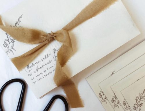 Enveloppe de mariage avec impression d’adresses et timbre personnalisé – Patte pointue