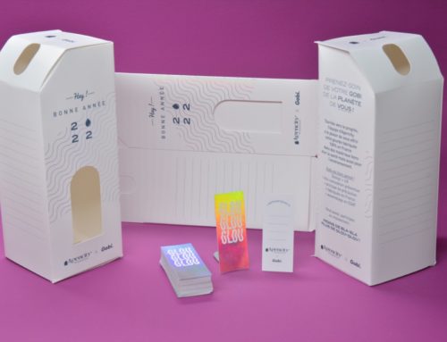 Packaging pour Gourde Gobi – Dorure numérique Holographique Laser – Découpe numérique – Invercote G 240gr/m2