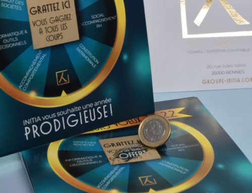 Cartes de voeux encre grattable pour cabinet comptable – Overprint Noir- Dorure numérique OR – Vernis 3D