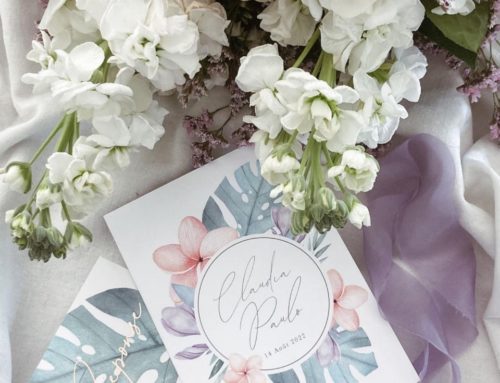Faire par de mariage thème tropical floral pastel – Création pack – Carton civil en dorure numérique avec pelliculage mat