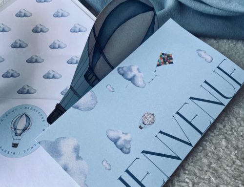 Faire part de naissance thème montgolfière en découpe laser – 2 plis roulés – Liner pour enveloppe avec stickers ronds