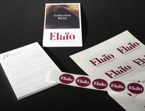 Cartes de présentation et stickers en découpe mi-chaire pour huiles de parfum – Old Mill Premium white 300g – Pantone 7427U