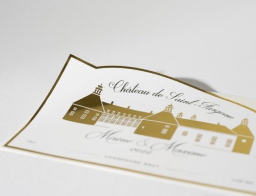 Etiquettes mariage bouteille de champagne – Dorure numérique or sur chateau et découpe silhouette mi-chair