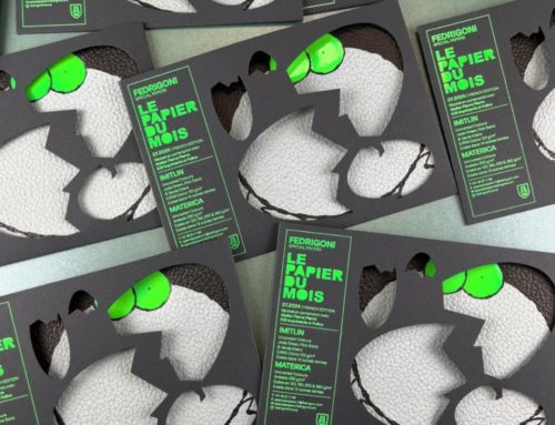 Projet communication papier du mois – Pochette et cartes sur mesure – Impression Pantone offset noir – Marquage à chaud vert fluo Trance Green 6725 – Imitlin E/R00 Diana