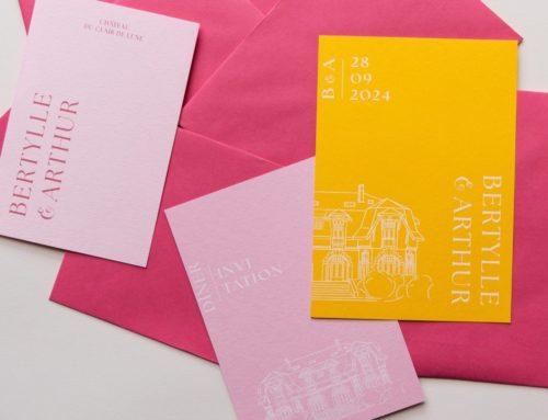 Faire-part de mariage style flashy en 3 cartons – Papier recyclé 1802 Macaron – 1802 Safran – impression blanche numérique