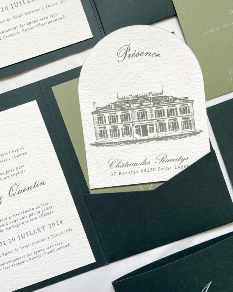 Faire-part de mariage château avec pochette à rabat et son ruban ...